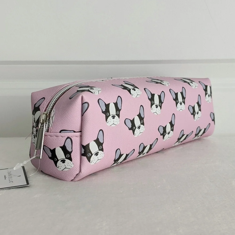 Boston Terrier Frenchie Small Cosmetic Pencil Case PVC Saffiano Pink NWT